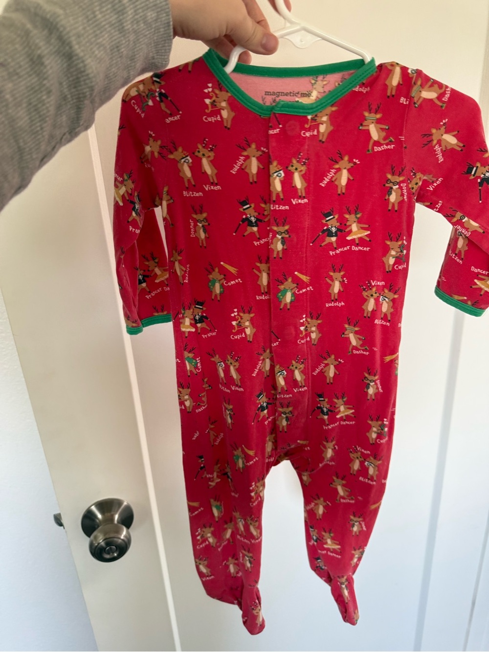 magnetic me Red Reindeer Print Footed One-Piece for Kids, 6-9 months